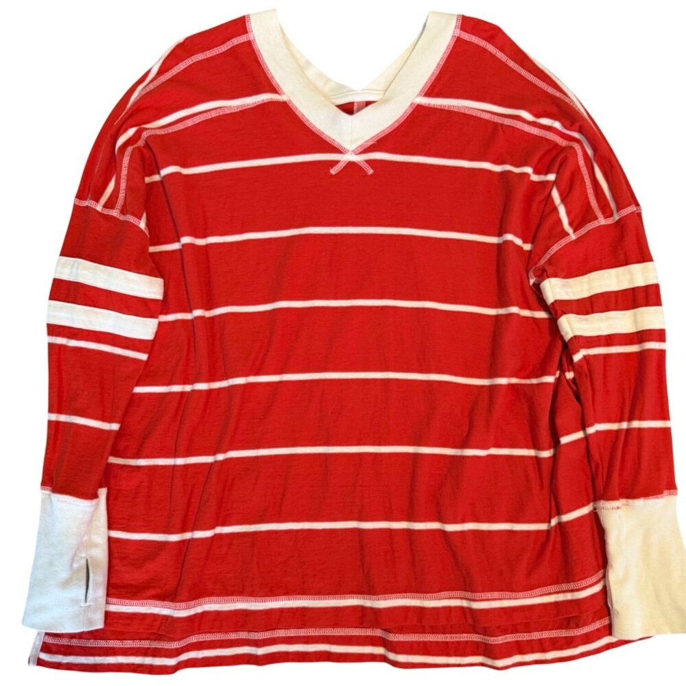 SMALL Free People All Star Orange Stripe Long Sleeve Jersey Knit Oversized Top - Picture 2 of 9